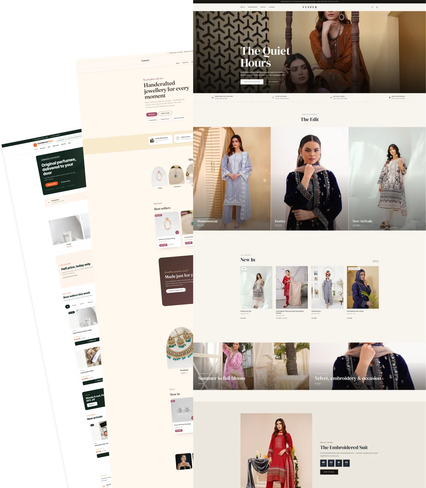 A stack of Bikayga storefront themes — fashion, jewellery and perfume stores