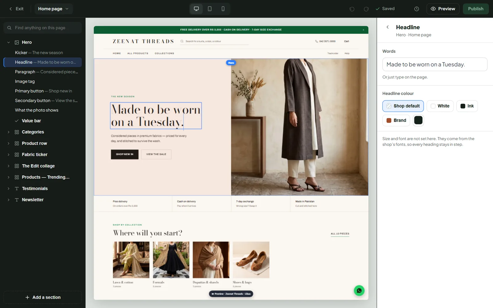 The BikayGa page editor: the shop open full size, with a headline being typed over