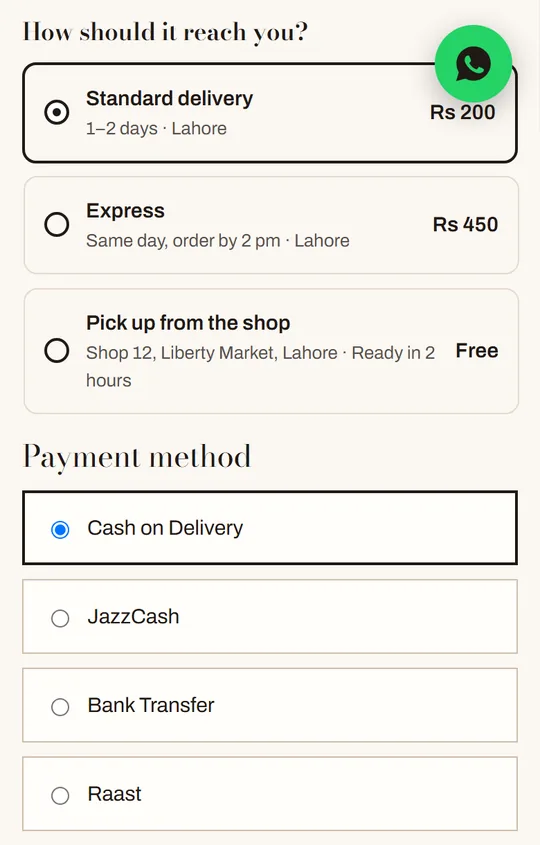 Checkout: how it reaches you, and how you pay — including Raast