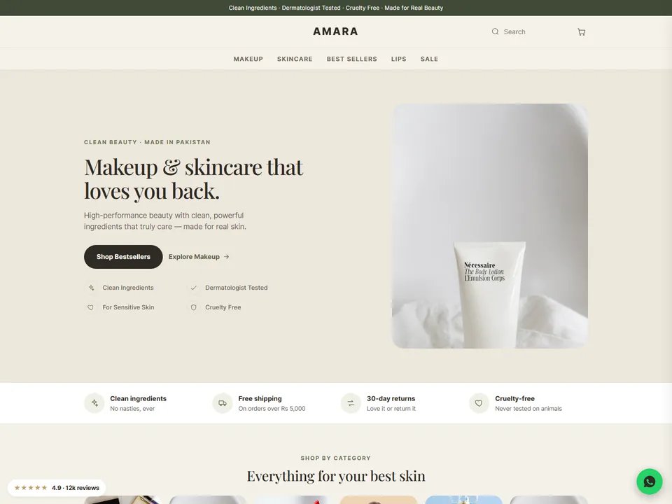 Amara theme — Beauty & Care storefront design