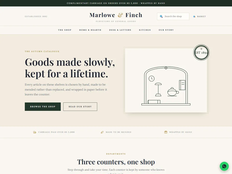 Marlowe & Finch theme — Home & General Store storefront design